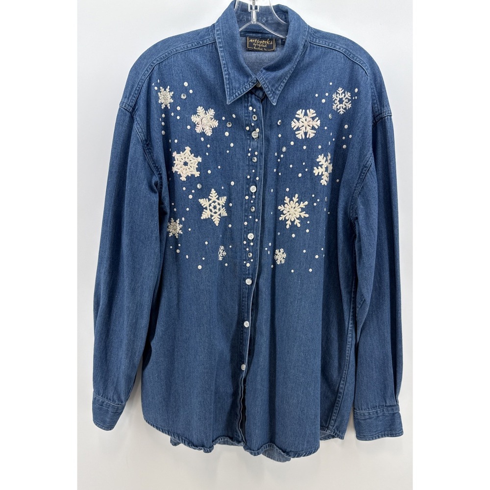 Artworks by Kay Black XL Denim Shirt Snowflake Rhinestone Holiday Cottagecore